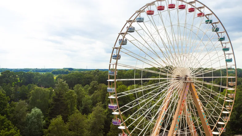 Riesenrad mit Blick auf einen Wald im Freizeit- und Ferienpark Slagharen.
