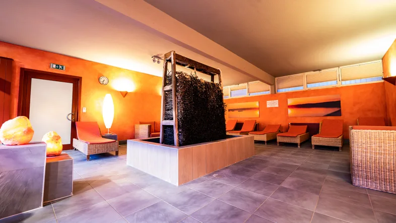 Ruhebereich im Revierpark Nienhausen mit Liegestühlen, Pflanzen und entspannter Atmosphäre.