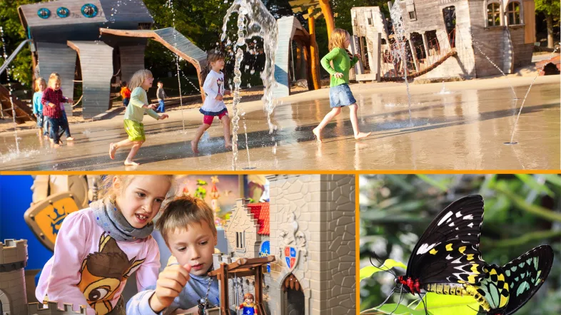 Bildcollage mit Impressionen aus dem Maximilianpark Hamm, darunter Natur, Kunst und Tierwelt.