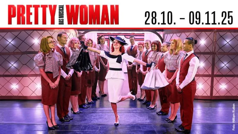 Ankündigung des Musicals Pretty Woman mit Bild vom Ensemble
