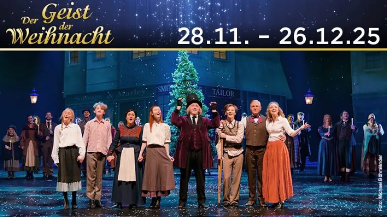 Ankündigung des Musicals VOM GEIST DER WEIHNACHT mit Bild vom Ensemble