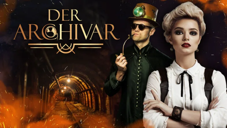 Plakat mit zwei Schaustellern der Mining adventure world dorsten.