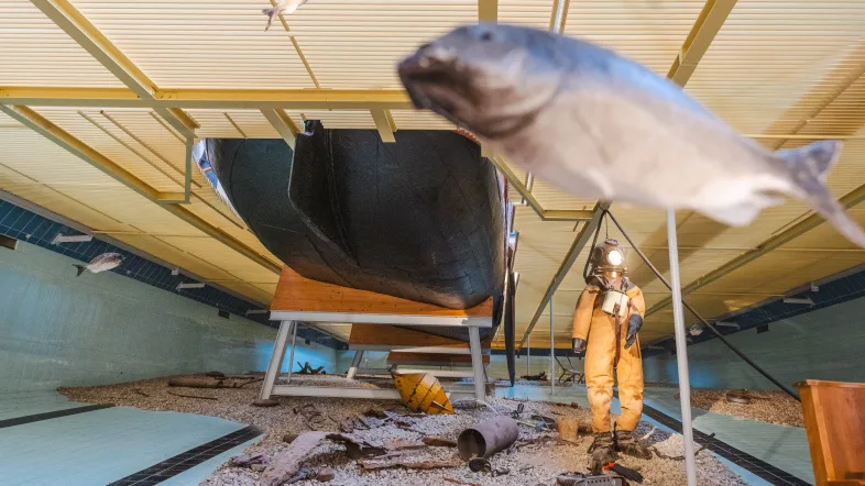 Ausstellungsstück mit Fisch im Vordergrund im Museum der deutschen Binnenschifffahrt in Duisburg.