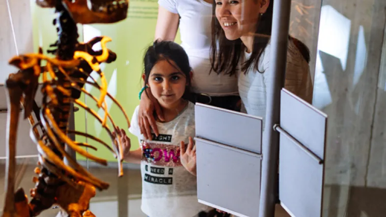 Kinder betrachten ein Skelett eines Neanderthalers im Neanderthalmuseum in Mettmann.