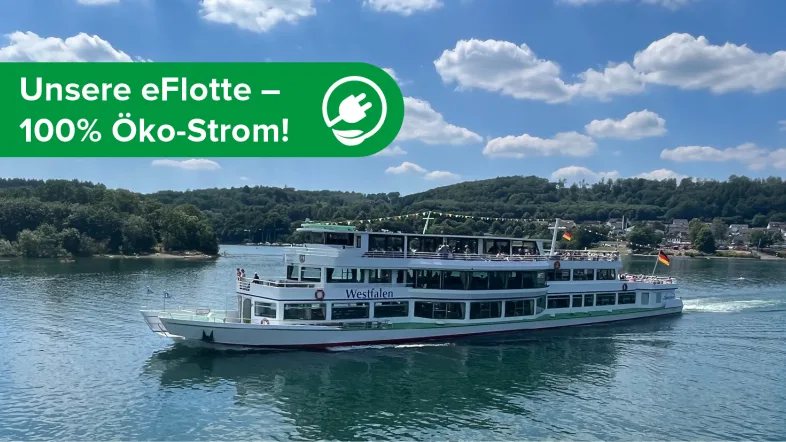 Postkartenmotiv mit Ausflugsboot auf dem Biggesee, umgeben von bewaldeten Ufern und blauem Himmel.