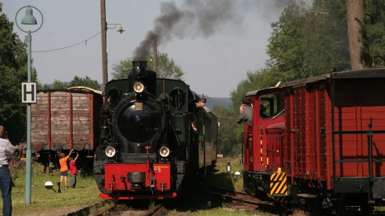 Einfahrt des Dampfzuges in den Bahnhof Hüinghausen