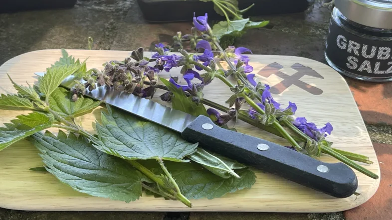 Messer mit frischen Kräutern bei einer Kochstation der Tour de Ruhr in Duisburg.